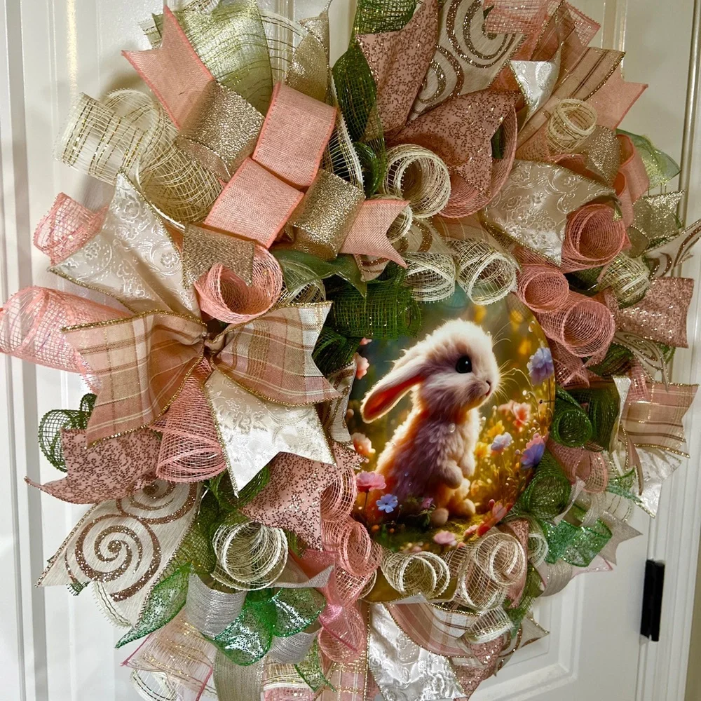 Handmade Floral Bunny Spring Prelit Ribbon Wreath 22 in LED W4